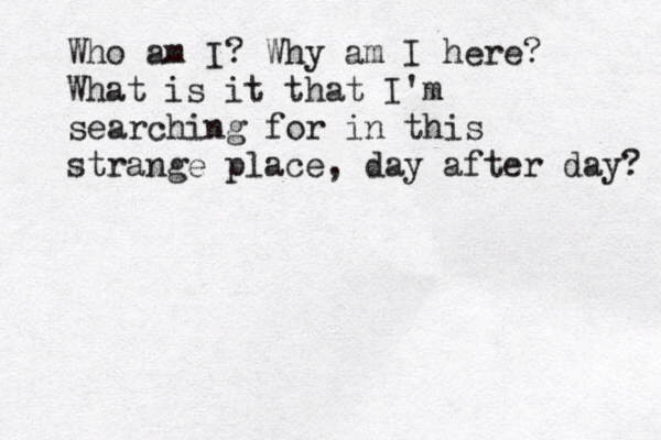 Who am I? Why am I here? What is it that I'm searching for in this strange place, day after day? 