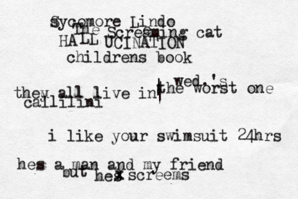 s Sycomore Lindo The Screaming cat HA LL UCINATION childrens book e i like your swimsuit 24hrs wed.'s the worst one hes a man and my friend but hes x x screems theu y all live in callilini | | | | 