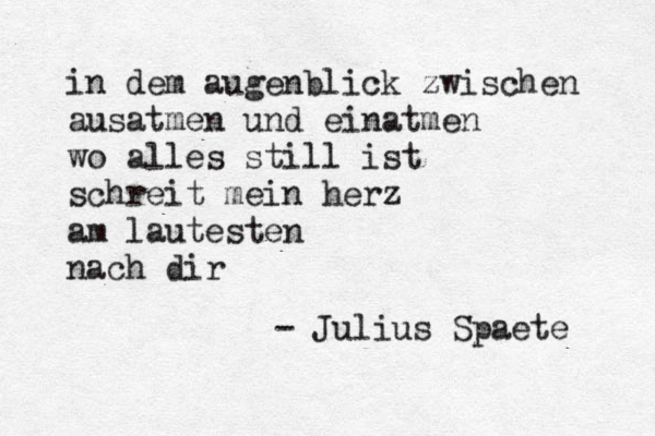 in dem augenblick zwischen ausatmen und einatmen wo alles still ist schreit mein herz am lautesten nach dir - Julius Spaete 