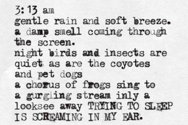 3:13 am gentle rain and soft breeze. a damp smell coming through the screen. night birds and insects are quiet as are the coyotes and pet dogs a chorus of frogs sing to a gurgling stream inly a looksee away TRYING TO SLEEP IS SCREAMING IN MY EAR. 