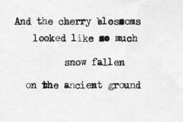And the cherry blossoms looked like so much snow fallen on rh t the ancient ground