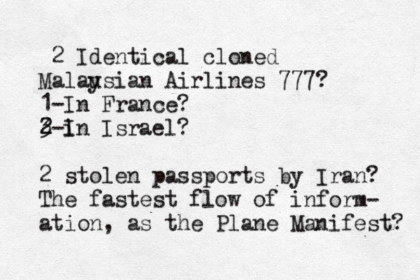 2 Identical cloned Malau ysian Airlines 777? 1-In France? 3 2 2-i In Israel? 2 stolen passports by Iran? The fastest flow of inform- ation, as the Plane Manifest? 