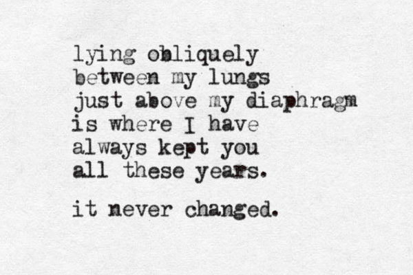 lying onliquely b between my lungs just above my diaphragm is where I have always kept you all these years. it never changed. 