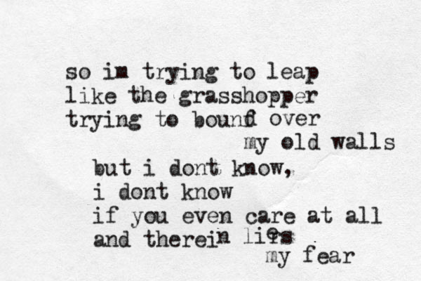 so im trying to leap like the grasshopper trying to bounf d over my old walls but i dont know, i dont know if you even care at all and therei n lirs e my fear 
