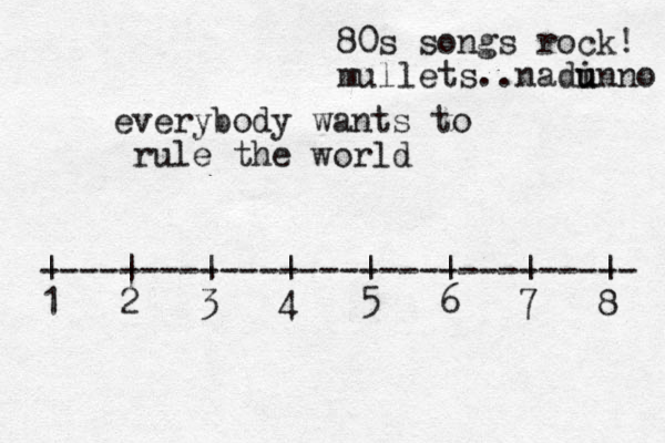 everybody wants to rule the world ------------------------------ | | | | | | | | 1 2 3 4 5 6 7 8 80s songs rock! mullets..nadi unno u 