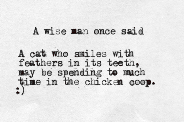 A wise man once said A cat who smiles with feathers in its teeth, may be spending to much time in the chicken coop. :)