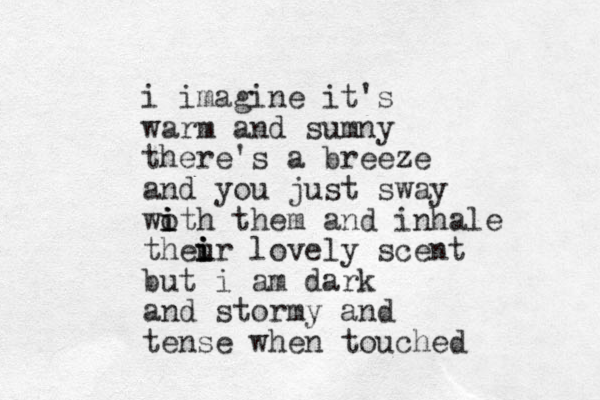 i imagine it's warm and sumny there's a breeze and you just sway woth i i i them and inhale theur i i i lovely scent but i am dark and stormy and tense when touched 