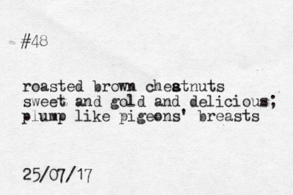 #48 roasted brown cheatnuts s s sweet and gold and delicious; plump like pigeons' breasts 25/07/17