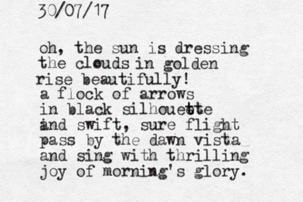 oh, the sun is dressing the clouds in golden rise beautifully! a flock of arrows in black silhoueet t tte in a d swift, sure flight pass by the dawn vista and sing with thrilling joy of morning's glory. 30/07/17 