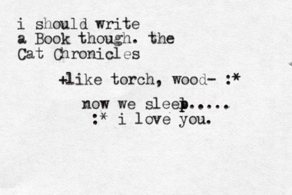 now we sleel p p p..... :* i love you. i should write a Book though. the Cat Chronicles +like torch, wood- :*