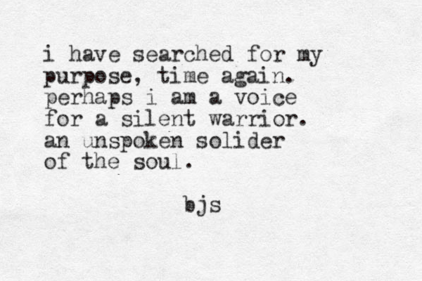 i have searched for my purpose, time again. perhaps i am a voice for a silent warrior. an unspoken solider of the soul. bjs