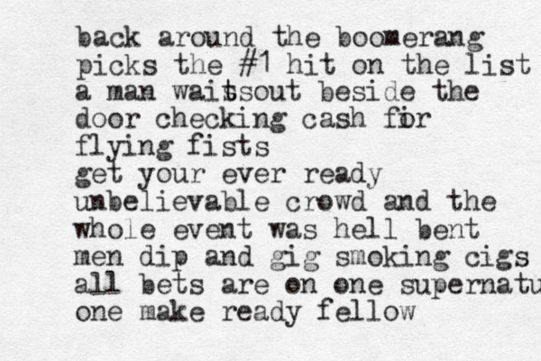 back around the boomerang pick s the #1 hit on the list a man wais t tsout beside the door checking cash fir o flying fists get your ever ready unbelievable crowd and the whole event was hell bent men dip and gig smoking cigs all bets are on one supernatural one make ready fellow 