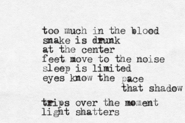 too much in the blood snake is drunk at the center feet move to the noise sleep is limited eyes know the pace that shadow trips over the moment light shatters 