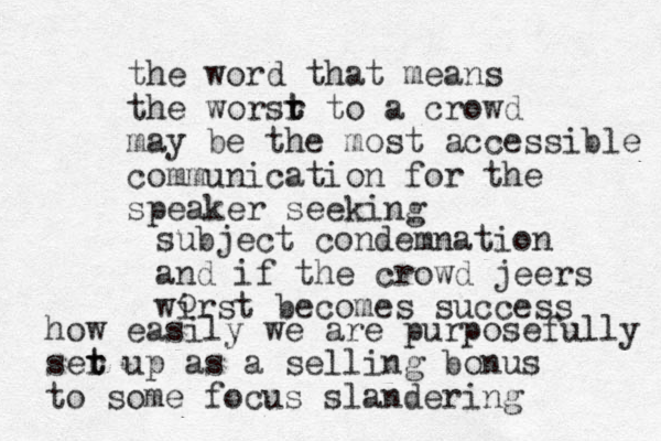 the word that means the worsr t t to a crowd may be the most accessible communication for the speaker seeking subject condemnation and if the crowd jeers wirst becomes success o how easily we are purposefully ser t t up as a selling bonus to some focus slandering 