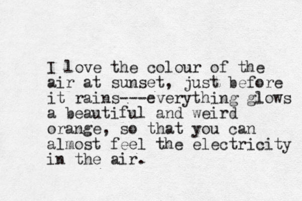 I love the colour of the air at sunset, just before it rains---everything glows a beautiful and weird orange, so that you can almost feel the electricity in the air.