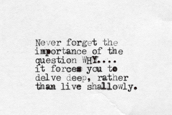 Never forget the importance of the question WHY.... it forces you to delve deep, rather than live shallowly. 