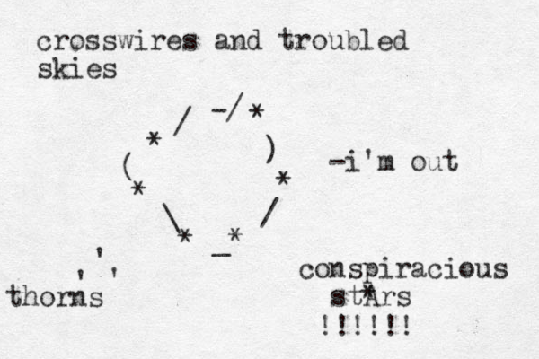 crosswires and troubled skies ( * * \ * _* / * ) * / -/ conspiracious st*rs A -i'm out !!!!!! ' ' ' thorns