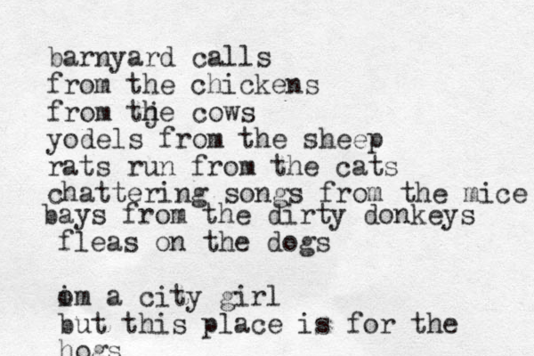 barnyard calls from the chickens from tje cows h h yodels from the sheep rats run from the cats chattering songs from the mice bays from the dirty donkeys fleas on the dogs om i a city girl but this place is for the hogs