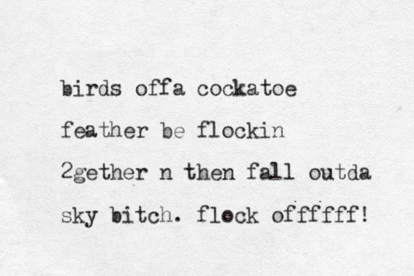 birds offa cockatoe feather be flockin 2gether n then fall outda sky bitch. flock offffff! 