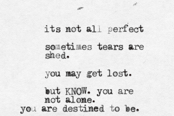 its not all perfect sometimes tears are shed. you may get lost. but KNOW. you are not alone. you are destined to be. 