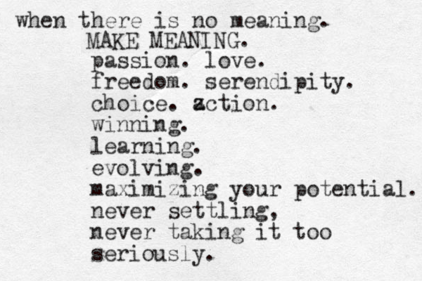 passion. love. freedom. serendipity. choice. z action. winning. learning. evolving. maximizing your potential. never settling, never taking it too seriously. when there is no meaning. MAKE MEANING. 