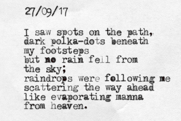 I saw spots on the path, dark polka-dots beneath my footsteps but no rain fell from the sky; raindrops were following me scattering the way ahead like evaporating manna from heaven. 27/09/17 