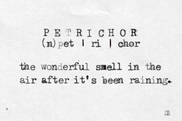 P E T R I C H O R (n)pet | ri | chor the wonderful smell in the air after it's been raining. m 