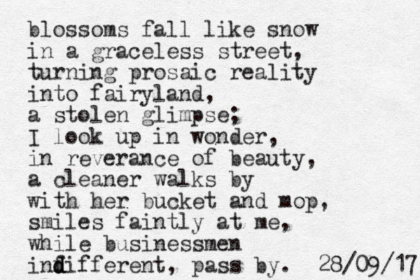blossoms fall like snow in a graceless street, turning prosaic reality into fairyland, a stolen glimpse; I look up in wonder, in reverance of beauty, a cleaner walks by with her bucket and mop, smiles faintly at me, while businessmen inf d d different, pass by. 7 1 / 9 0 / 8 2 