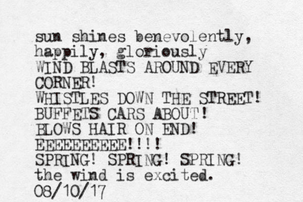 sun shines benevolently, happily, gloriously WIND BLASTS AROUND EVERY CORNER! WHISTLES DOWN THE STREET! BUFFETS CARS ABOUT BLOWS HAIR ON END! EEEEEEEEEE!!!! SPRING! SPRING! SPRING! the wind is excited. ! 08/10/17