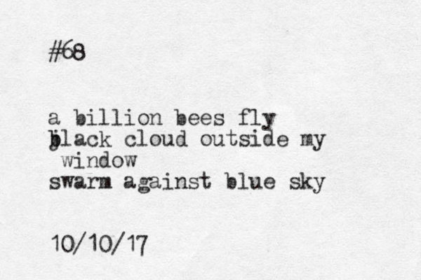 #68 a billion bees fly j b black cloud outside my window swarm against blue sky 10/10/17