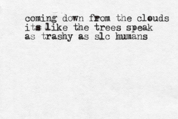 coming down from the clouds its like the trees speak as trashy as slc humans