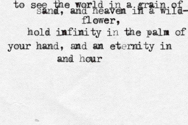 hold infinity in the palm of y your hand, and an eternity in and hour to see the world in a grain of sand, and heaven in a wild- flower, 