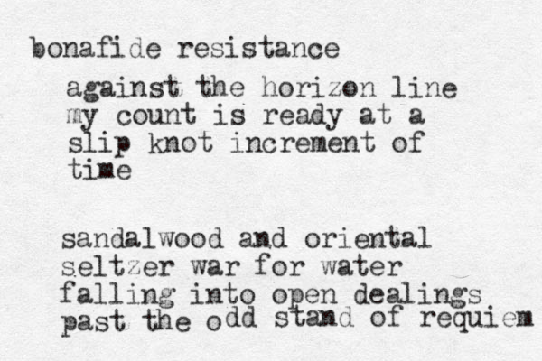 bonafide resistance against the horizon line my count is ready at a slip knot increment of time sandalwood and oriental seltzer war for water falling into open dealings past the o dd stand of requiem 