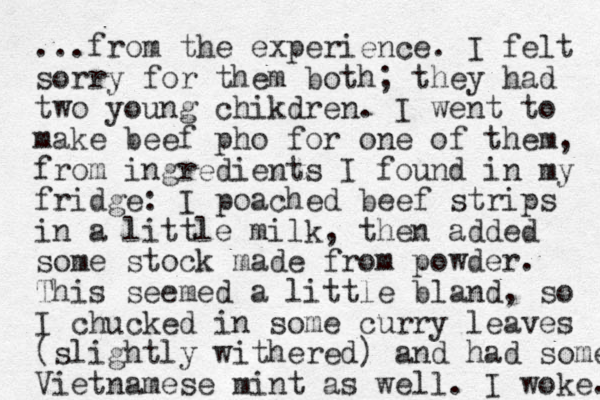 ...from the experience. I felt sorry for them both; they had two you g n chikdren. I went to make beef pho for one of them, from ingredients I found in my fridge: I poached beef strips in a little milk, the n added some stock made from powder. This seemed a little bland, so I chucked in some curry leaves (slightly withered) and had some Vietnamese mint as well. I woke. 