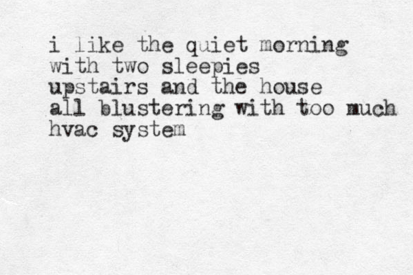 i like the quiet morning with two sleepies upstairs and the house all blustering with too much hvac system