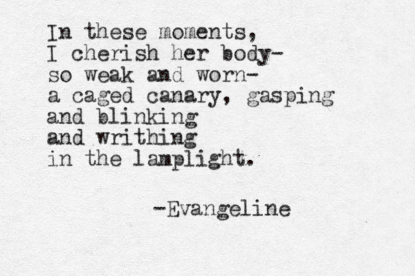 In these moments, I cherish her body- so weak and worn- a caged canary, gasping and blinking and writhing in the lamplight. -Evangeline