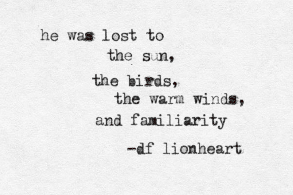 he was lost to the sun, the birds, the warm winds, and familiarity -df lionheart 