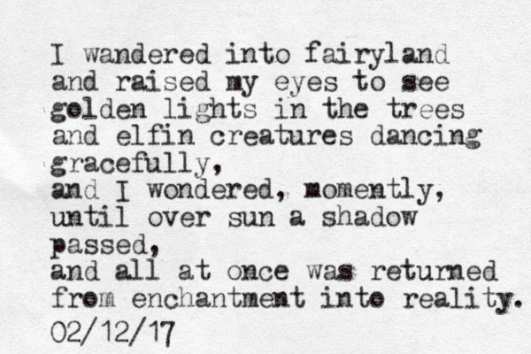I wandered into fairyland and raised my eyes to see golden lights in the trees and elfin creatures dancing gracefully, and I wondered, momently, until u over sun a shadow passed, and all at once was returned u from enchantment into reality. 02/12/17