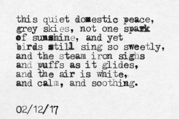 this quiet domestic peace, grey skies, not one spark of sunshine, and yet birds still sing so sweetly, and the steam iron sighs and puffs as it glides, and the air is white, and calm, and soothing. 02/12/17
