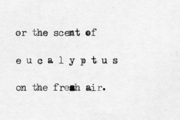 or the scent of e u c a l y p t u s on the freah s air .