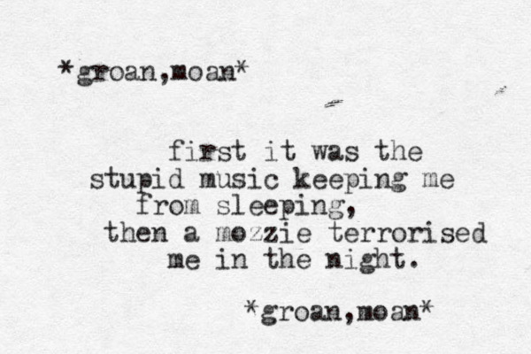 *groan,moan* first it was the stupid music keeping me from sleeping, then a mozzie terrorised me in the night. *groan,moan* 