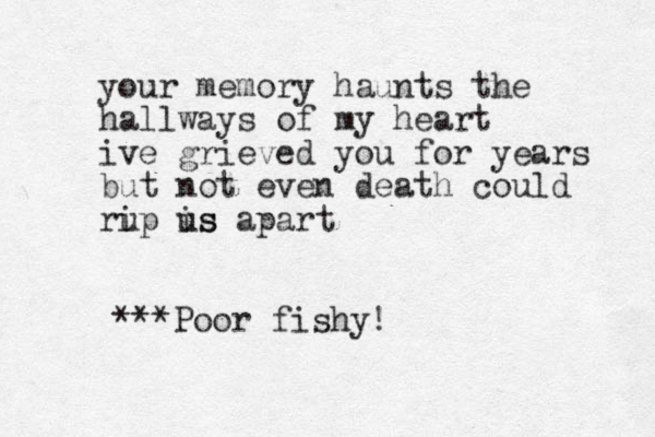 your memory haunts the hallways of my heart ive grieved you for years but not even death could ru ip is us apart ***Poor fishy!