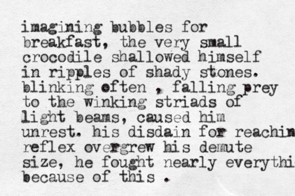 imagining bubbles for breakfast, the very small crocodile shallowed himself in ripples of shady stones. blinking often , falling prey to the winking striads of light beams, caused him unrest. his disdain for reaching reflex overgrew his demute size, he fought nearly everything because of this .
