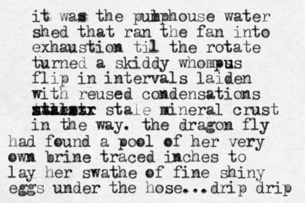 it was the pul mphouse water shed that ran the fan into exhaustion til the rotate turned a skiddy whomps u us flip in intervals laiden with reused condensations salest t sta a talesr n xxxxxxx stale mineral crust in the way. the dragon fly had found a pool of her very own brine traced inches to lay her swathe of fine shiny eggs under the hose...drip drip .
