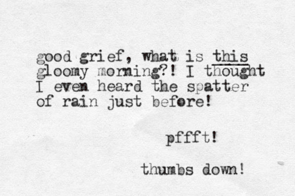 good grief, what is this ____ gloomy morning? ! I thought I even heard the spatter of rain just before! pffft! thumbs down! 