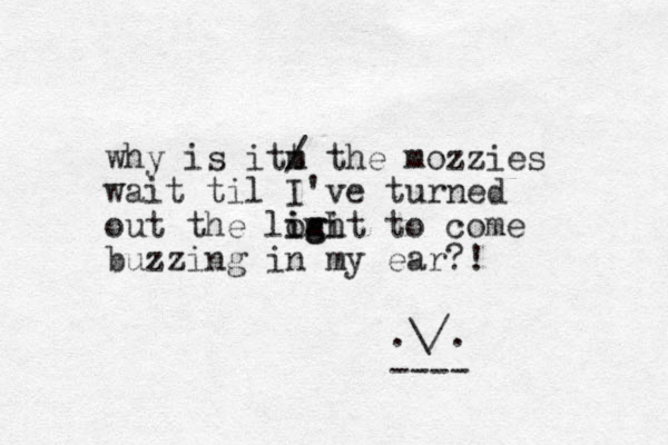 why is i t m t / the mozzies wait til I've turned out the loght to imi ig come buzzing in my ear?! .\/. ----
