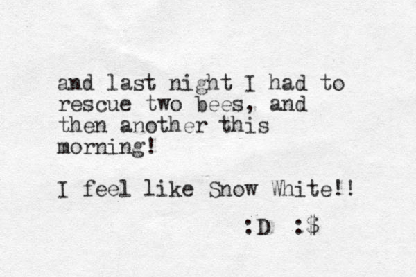 and last night I had to rescue two bees, and then another this morning! I feel like Snow White!! :D :$
