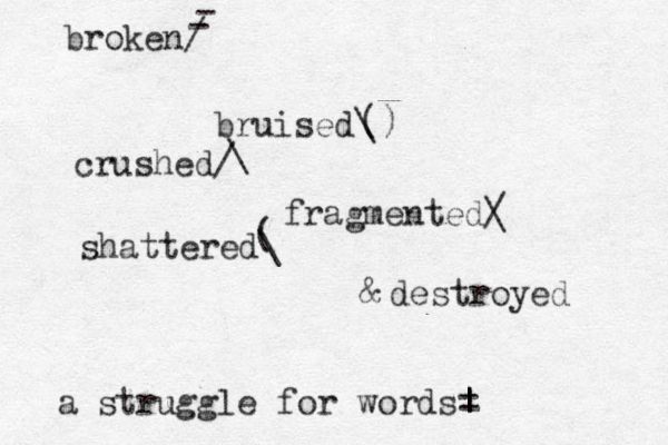 broken/ bruised\ crushed/ fragmented/ \ shattered\ destroyed & \ - - ( () a struggle for words= | | 