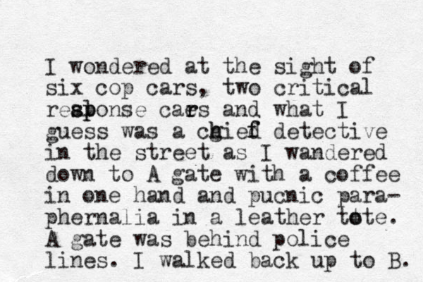 I wondered at the sight of six cop cars, two critical realonse c s sp p p aes r r and what I guess was a cg h hied f f detective in the street as I wandered down to A gate with a coffee in one hand and pucnic para- phernalia in a leather tt o ote. A gate was behind police lines. I walked back up to B. 