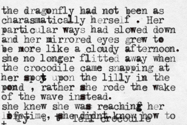 the dragonfly had not been as charasmatically herself . Her particular ways had slowed down and her mirrored eyes grew to be more like a cloudy afternoon. she no longer flitted away when the crocodile came snapping at her spoy t t t upon the lilly in the pond , rather she rode the wake of the wave instead. she knew she was reachinf g g her lofetime i , she didnt know how to t t y t t T Tell crocodile 